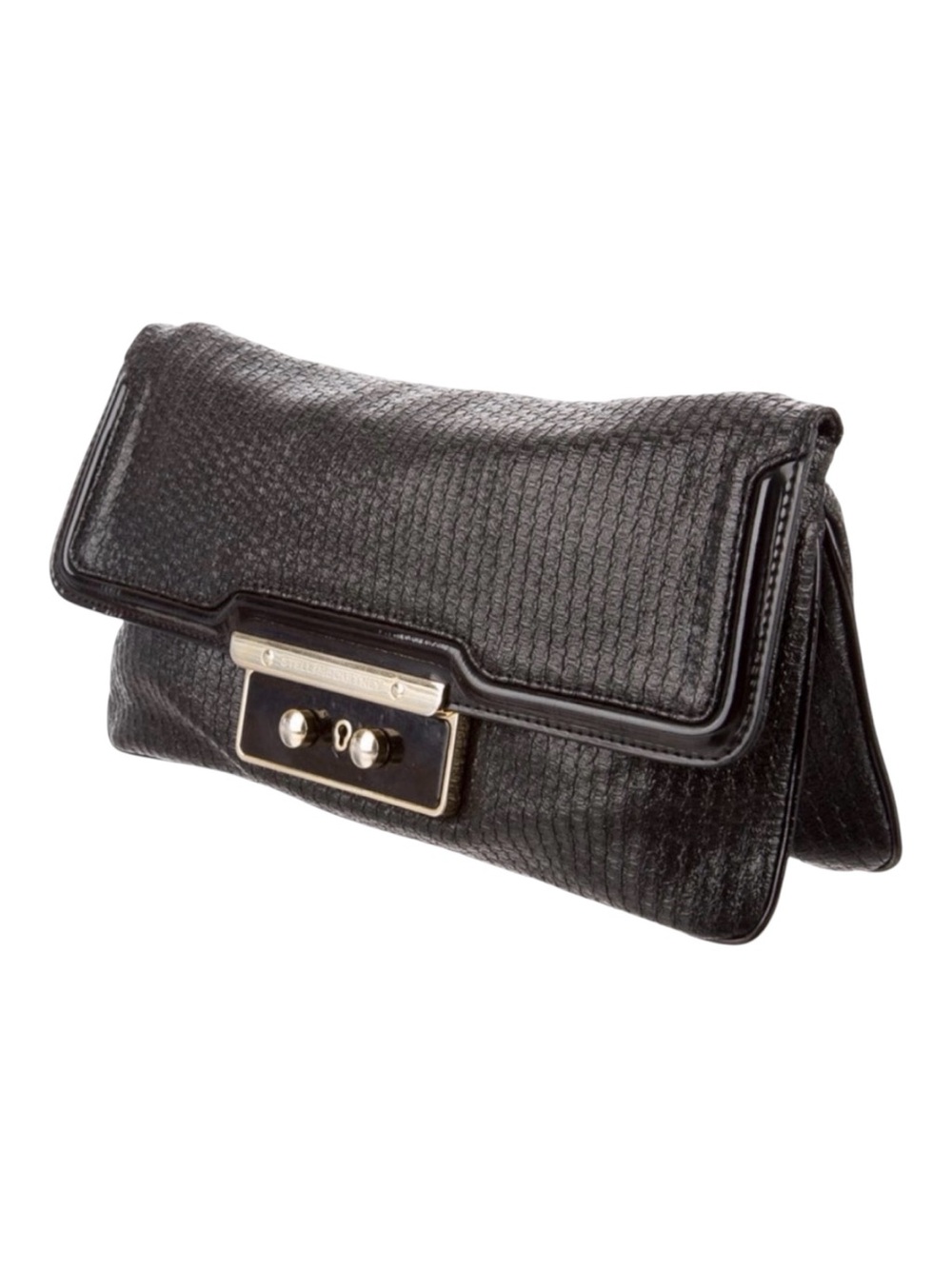 Stella McCartney black faux leather and gold clutch